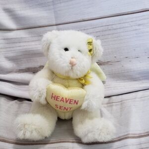 A&A Teddy Bear Plush White Yellow Angel Heaven Sent Heart Stuffed Satin 6 Inch